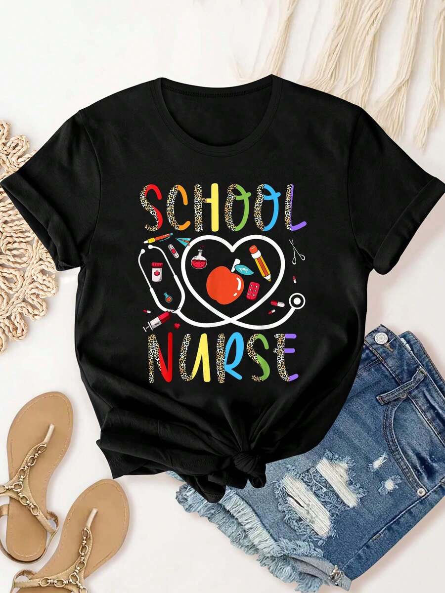 playeras de algodón mujer, Camiseta de agradecimiento a la enfermera escolar para el Día de la Enfermería y la Semana de la Enfermería conjuntos de mujer tops - Negro - Ver 1