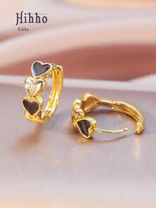 Hihho 1 Pair Warm & Sweet Copper Gold Hoop Earrings, Zirconia Accented Enamel Heart Shaped Earrings, Suitable For Daily Wear And Holiday Gift - Heart-shaped Earrings - View 9