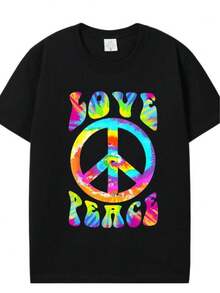 Camiseta informal de hombre estilo hippie tie-dye de los años 60-70 con un símbolo de paz y amor. - Negro - Ver 1