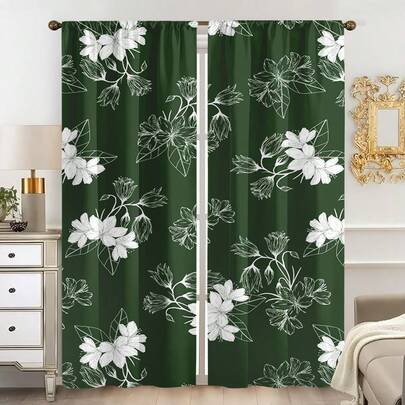 2片装多色深绿色底白色线条艺术花卉清新复古简约风格平纹印花窗帘，100%涤纶面料，杆袋式，无衬里，90克/平方米，宽180厘米，适用于卧室、客厅、餐厅、浴室、户外等场所。
