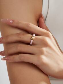 1 pieza Anillo de acero inoxidable chapado en oro de 18K con elemento de hebilla y cubic zirconia, joyería para mujer, regalo para boda, fiesta o cita - Oro rosa - Ver 1