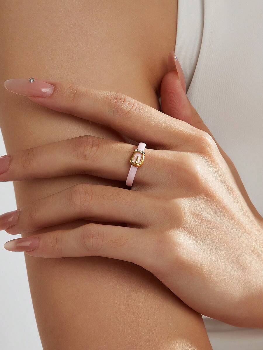 1 pieza Anillo de acero inoxidable chapado en oro de 18K con elemento de hebilla y cubic zirconia, joyería para mujer, regalo para boda, fiesta o cita - Oro rosa - Ver 1