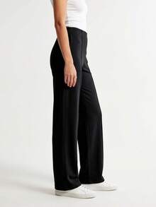 Black Soft Knit Wide Leg Pants With Ribbed Trim - Black - View 3