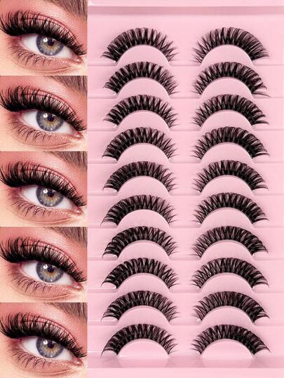 10 Pairs Short Russian Volume Classic Clear Band Cat Eye Mink False Eyelashes Wispy D Curl Fluffy Faux Eyelashes Extension Natural Look Fake Eyelashes For Traveling Or Parties Use Strip Lashes, Lashes, Eyelashes, Fake Lashes