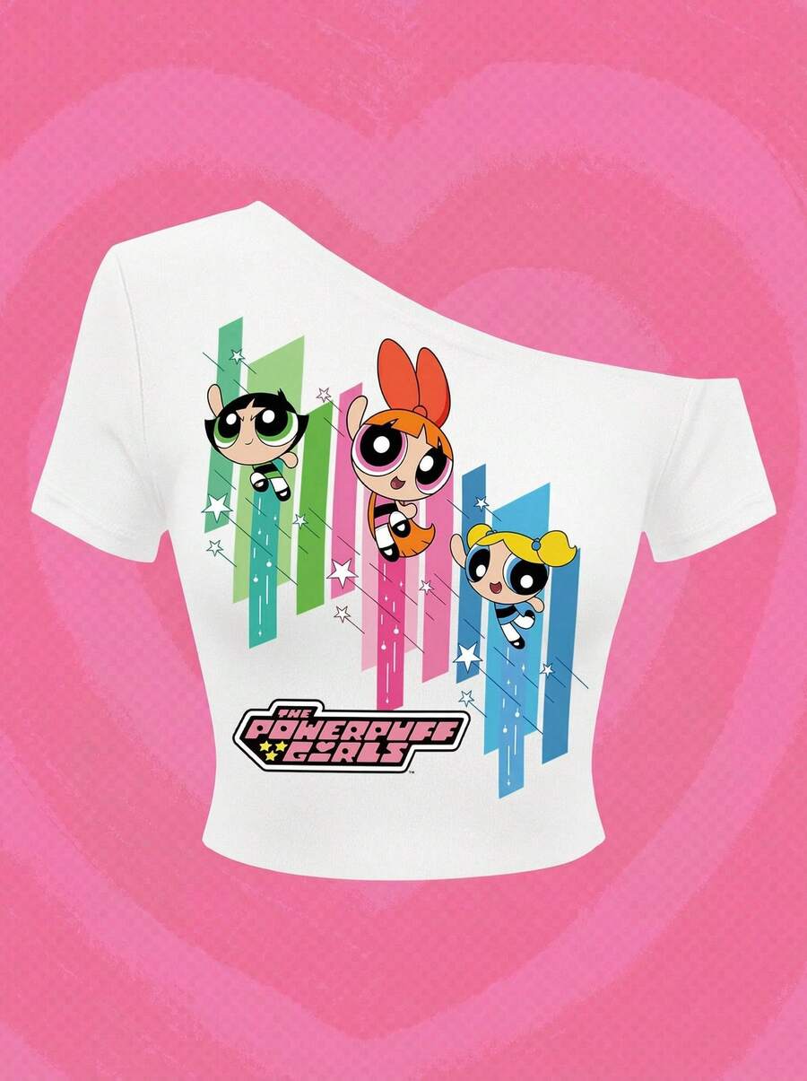 Whysmera SHEIN X Powerpuff Girls 女士不对称领口印花衬衫——打破常规的时尚单品，展现无拘无束的态度 - 白色 - 查看 1