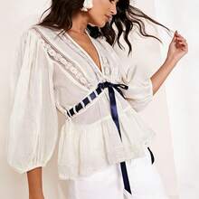 Women's Deep V-Neck Blouse Lace Patchwork 3/4 Sleeve Cinched Waist Bow Tie Front Slim Peplum Tops Streetwear - trắng - Xem 7