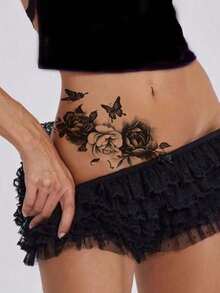 2Pcs Sketch Temporary Tattoos Decorated With Butterflies And Roses. Non-Reflective With Lifelike Visual Effect. Designed For Arms, Back And Spine. Great For Daily Use, Can Stay On For 7-15 Days. - Black - View 2