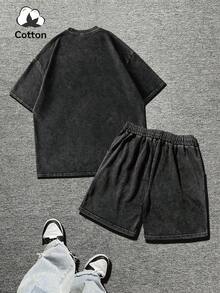 加大码男士新款水洗T恤套装，纯棉短袖，街头风趣味Emo图案黑色水洗短袖套装，创意趣味自由女神像印花休闲水洗短袖套装，Y2K风格，适合日常穿着 - 黑色 - 查看 2