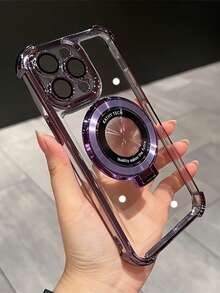 极简透明防震支架电镀手机壳，带镜头保护膜，兼容苹果17 Pro Max/16/15/14/13/12/11、16 Pro Max、13，CD图案支架，男女通用 - 紫色 - 查看 1