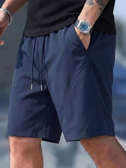 1pc Men's Navy Blue Drawstring Shorts, Metal Drawstring Ends, Lightweight, Smooth, Cool, Wrinkle-Resistant, , Non-Deforming, Loose Casual Bermuda Shorts, Suitable For Commuting, Outing, Sports In Summer