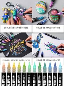 Set de 12/24/48 colores de marcadores de pintura acrílica de doble punta, con puntas suaves y firmes, control inteligente de tinta con cámaras de tinta duales, brillo metálico para escribir en múltiples superficies (modelo/piedra/vidrio/cerámica/madera), adecuado para pintura de figuritas, manualidades DIY, grafiti - Marcadores metálicos - Ver 11