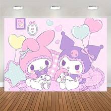 SANRIO 1 Tấm thảm trang trí Hello Kitty dễ thương - Màu hồng và tím huyền ảo với bóng bay hình trái tim, chấm bi và nền kẻ caro, hoàn hảo cho tiệc sinh nhật, sân vườn, studio, phòng ngủ và trang trí nhà cửa, chất liệu vải polyester, không cần đèn LED. - Nhiều màu - Xem 1
