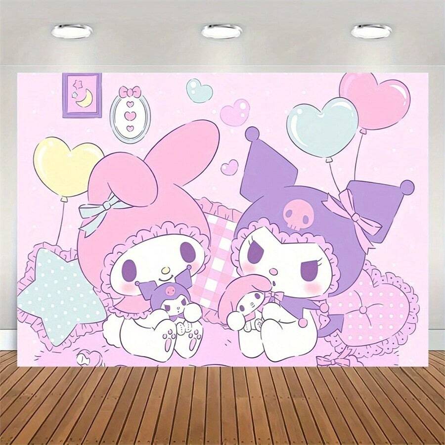SANRIO 1 Tấm thảm trang trí Hello Kitty dễ thương - Màu hồng và tím huyền ảo với bóng bay hình trái tim, chấm bi và nền kẻ caro, hoàn hảo cho tiệc sinh nhật, sân vườn, studio, phòng ngủ và trang trí nhà cửa, chất liệu vải polyester, không cần đèn LED. - Nhiều màu - Xem 1