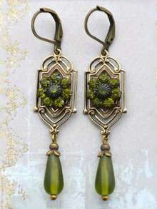 1对复古水滴吊坠耳环，绿色合成锆石耳环，优雅女士节日派对珠宝配饰 - 雙色 - 查看 1