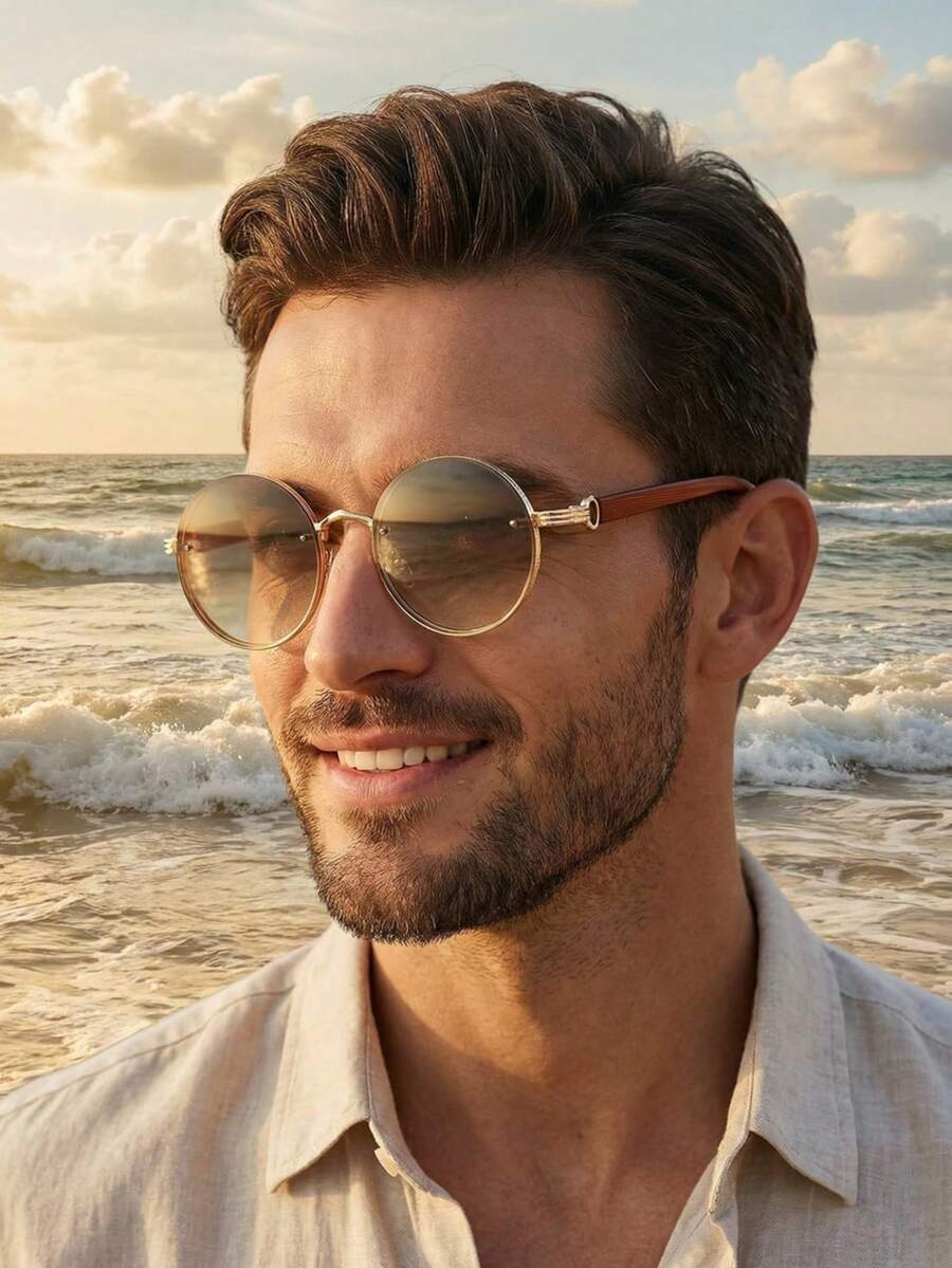 1 Pair Men's Metal Round Faux Wood Grain Temple Fashion Glasses