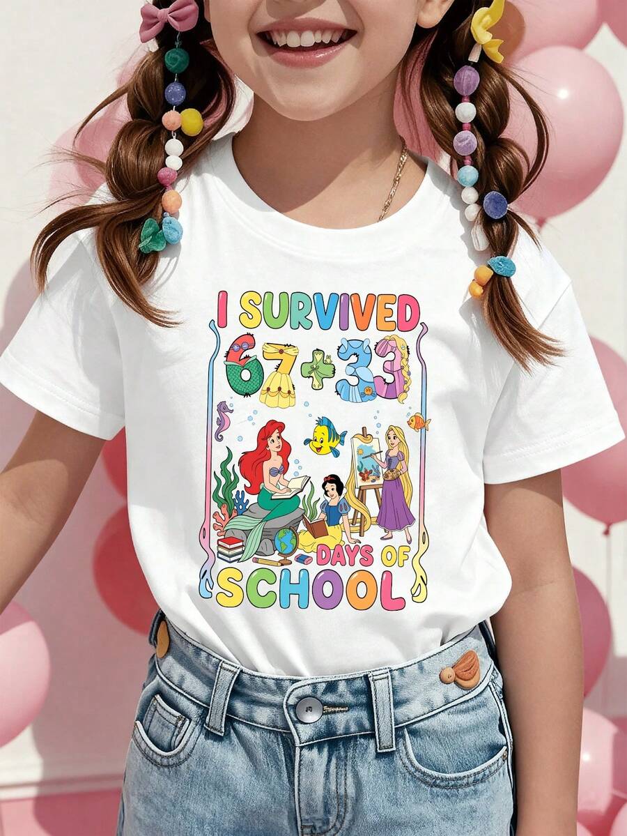Disney Ariel Flounder Princess Rapunzel Printed Pattern T-Shirts For Girls - Children's Clothing Design Short-Sleeved Casual And Cute Style Comfortable And Casual Wear All Year Round Suitable For Parties And Play Machine Washable Gift Children's Clothing Girls' Short-Sleeved Shirts - 白色 - 查看 1