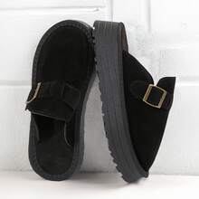 Women Low Heel Slip On Loafer Shoes Flat Round Toe Wedge Buckle Soft Bottom - 黑色 - 查看 1