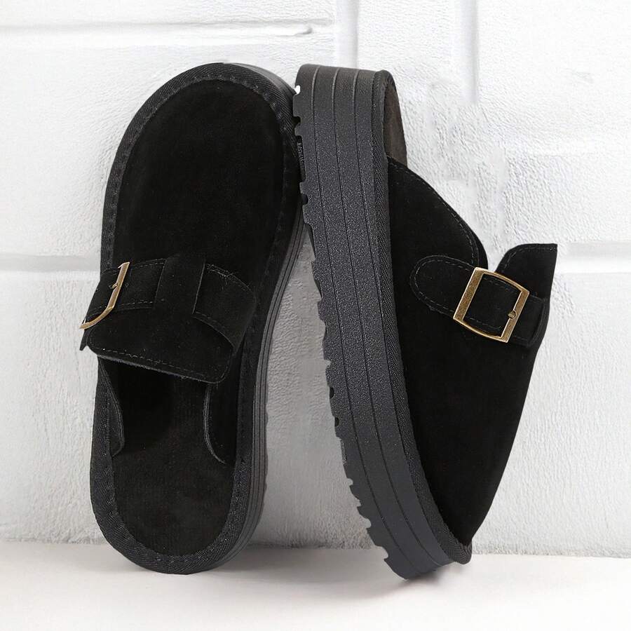 Women Low Heel Slip On Loafer Shoes Flat Round Toe Wedge Buckle Soft Bottom - 黑色 - 查看 1