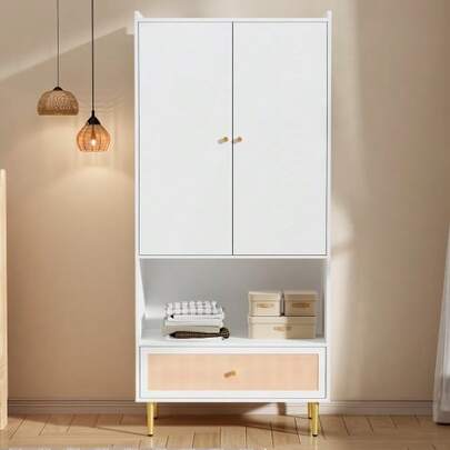 Kleiderschrank Mit 2 Türen, Larger Rattanschublade Und Kleiderstange. Schlafzimmerschrank Mit Metallbeinen Und Metallgriffen – Perfect For Schlafzimmer And Wohnzimmer. Color: White, Mass: 80x48x175 Cm