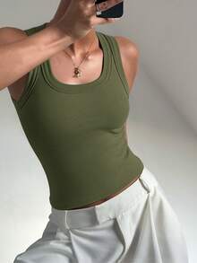 GAOVOT 女士Y2K性感简约休闲运动吊带背心，圆领，夏季 - 軍綠色 - 查看 6