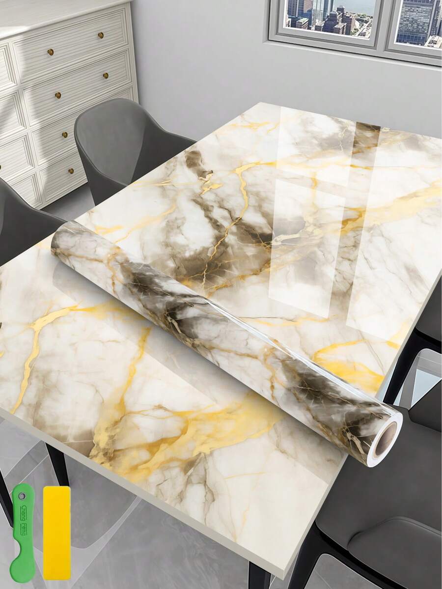 Thick Marble Pattern Self-Adhesive Paper Roll, Waterproof Removable Surface, Suitable For Kitchen Cabinets, Bathroom, Tables, Furniture, Tabletop Protection - Multicolor - View 1