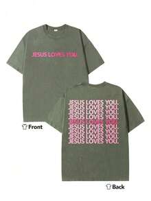 Summer Tops2026Heavyweight Washed T-Shirt - Jesus Loves You Religious Graphic T-Shirt, Pink-Green Background With Pink Letter Double-Sided Print - Christian Attire, Crew Neck Top, Suitable For Church, Casual Wear, Or As A Giftsummer Clothes - 綠色 - 查看 9