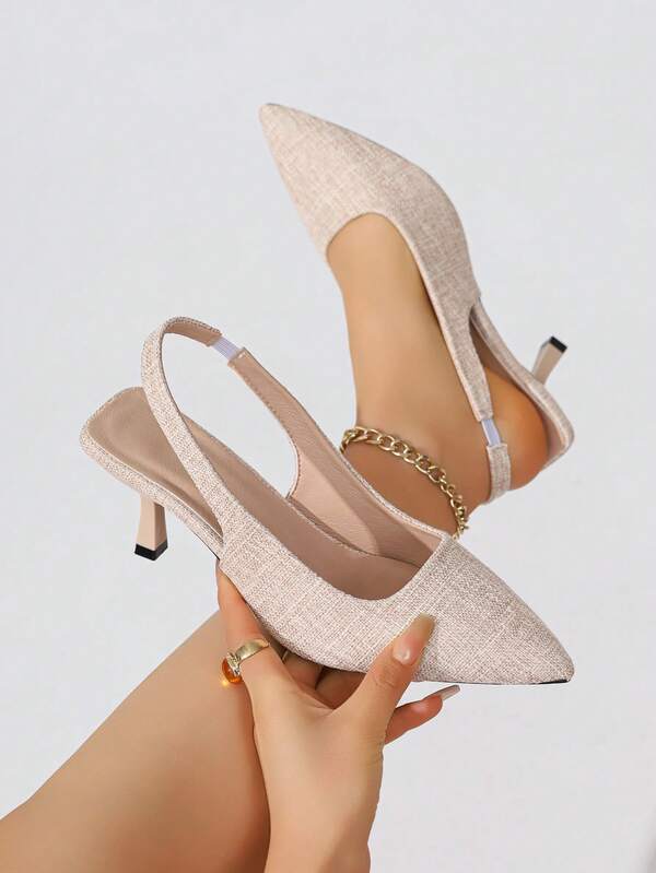 女士尖头高跟鞋，优雅晚宴派对鞋，杏色，小猫跟