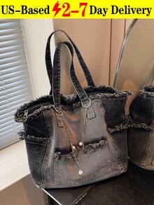 Vintage Personalized Street Chain Decorated Jeans Tote Bag For Women, Versatile Commuting Large Capacity Raw Edge Ombre Design Shoulder Bag - Spacious Purse For Travel, Work, College, Holds Books, Laptop, Water Bottle, Umbrella & Phone In Classic Blue & Black Wash,Casual Multi-Pocket Handbag, Suitable For Shopping And Commuting., Perfect For Cow Girl[US Local Warehouse] - 彩色 - 查看 13