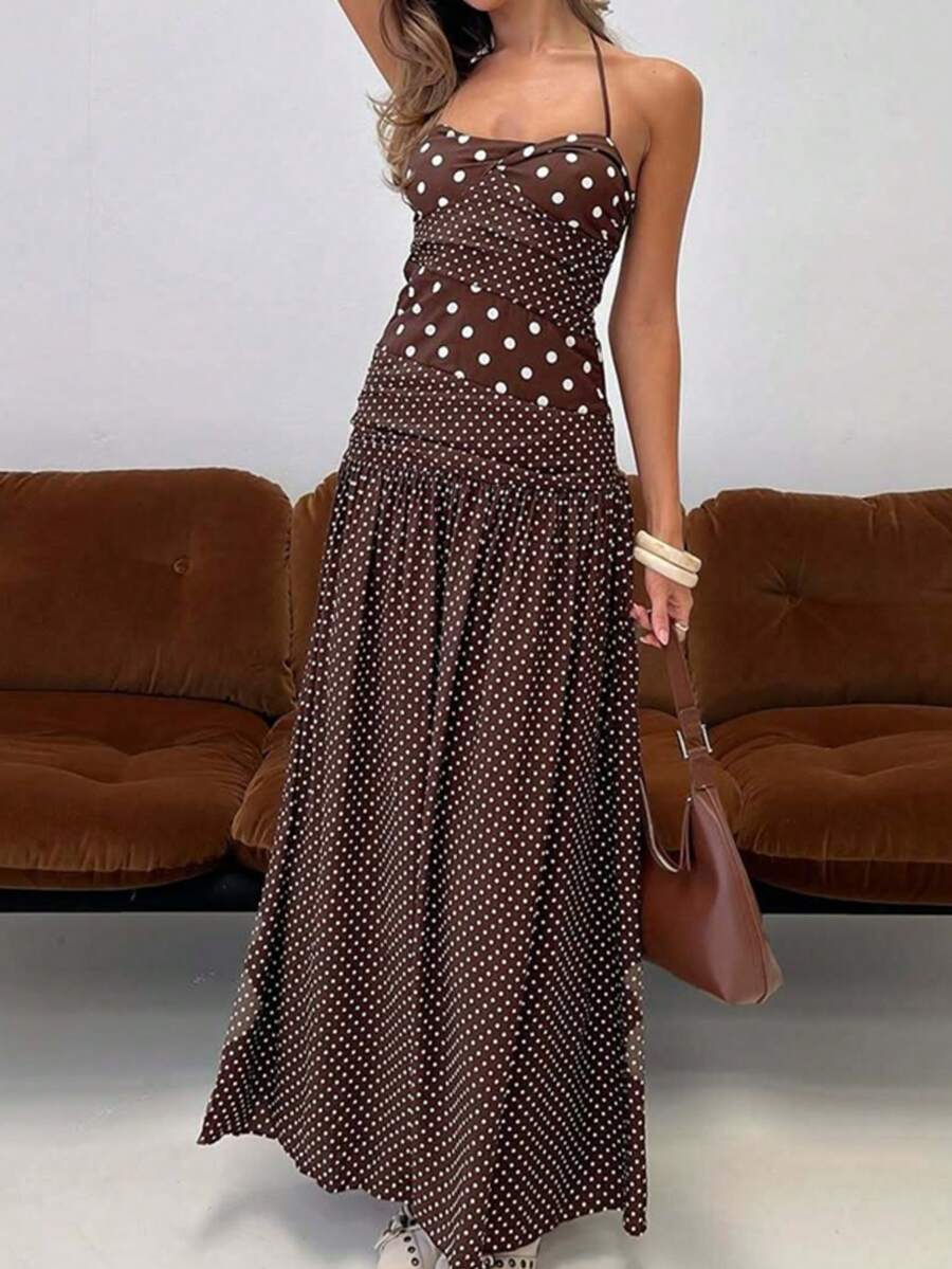 Women's Casual Polka Dot Spaghetti Strap Maxi Dress, Elegant For Vacation, Party, Evening Gala Summer - Coffee - View 1