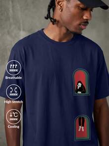 Camvyn Men's Casual Fashion Street Loose Fit Printed Drop Shoulder Ice Silk Short Sleeve T-Shirt, Summer - Navy Blue - View 1