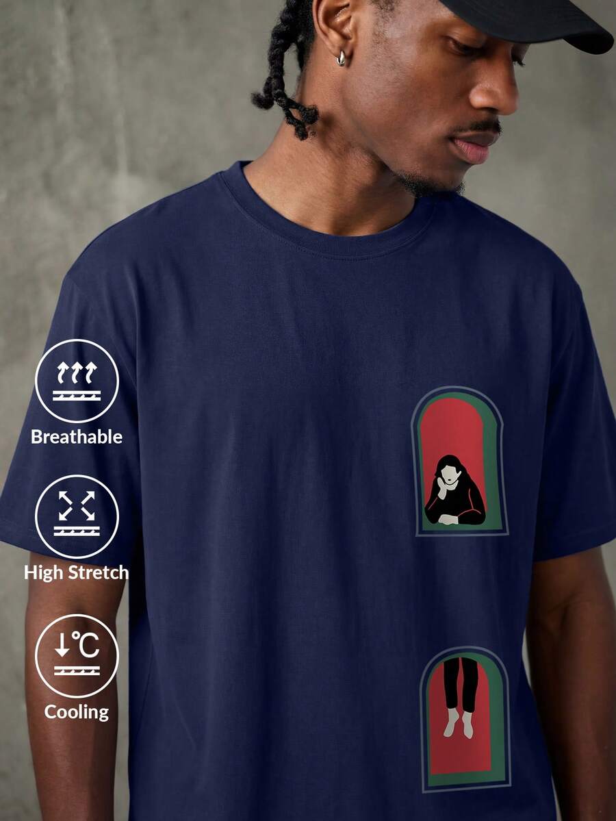 Camvyn Men's Casual Fashion Street Loose Fit Printed Drop Shoulder Ice Silk Short Sleeve T-Shirt, Summer - Navy Blue - View 1