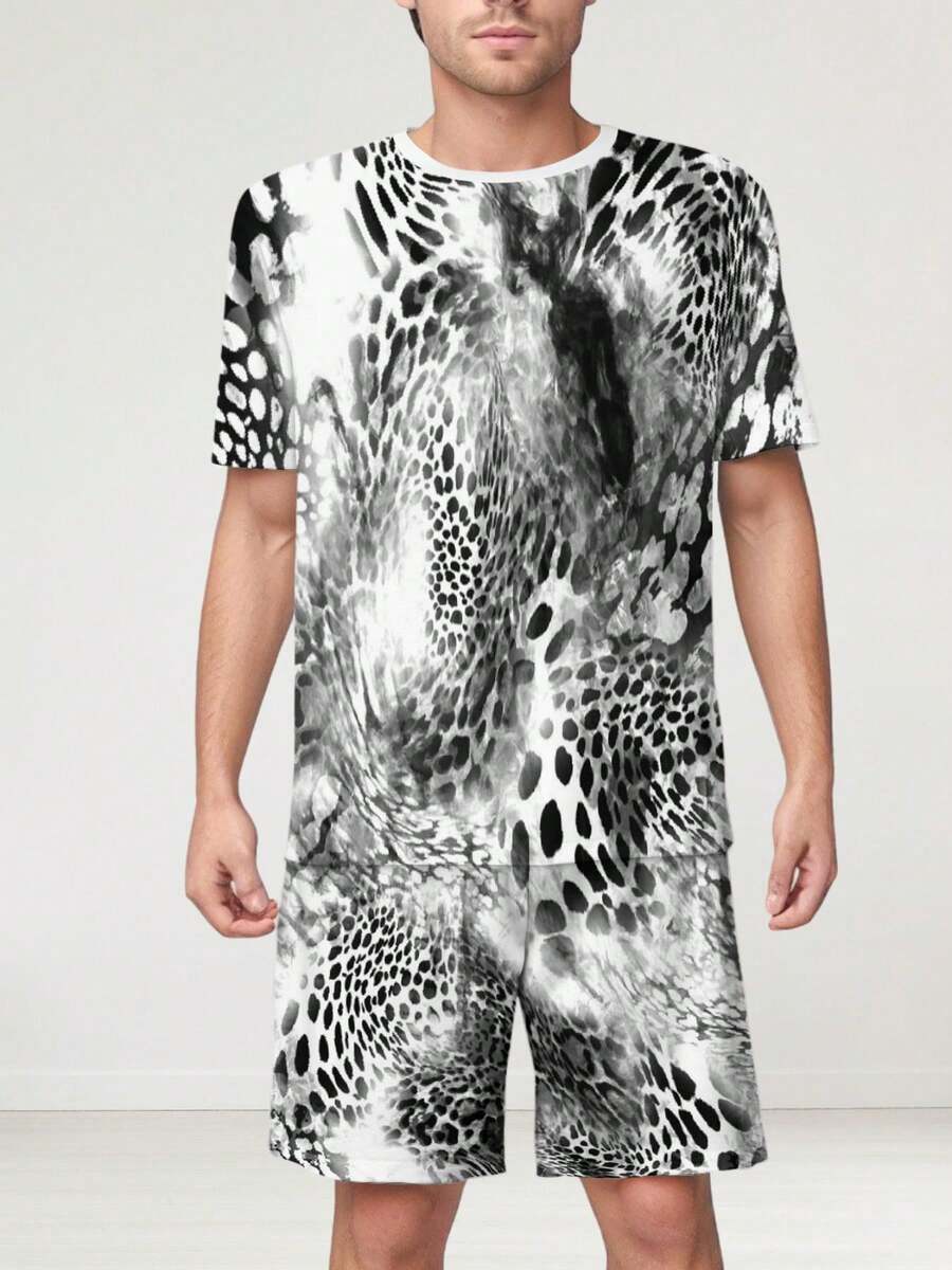 Abstract Black And White Animal Print Pattern Mens Short Sleeve Set T Shirt And Shorts Street Style Comfortable Fit Everyday Activewear Versatile All Season Simple Outfit Two Piece Set Wardrobe Essential - 彩色 - 查看 1