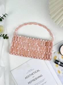 حقيبة يد فرنسية عتيقة الطراز بتصميم بسيط وأنيق، مصنوعة يدويًا من الخرز المنسوج بتصميم مجوف، كاجوال، لحفلات المساء - وردي - مشاهدة 2