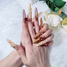 Nude & Caramel Brown 2026 New Handmade Press On Nails, Sparkle Gem Extra Long Stiletto Shape, Removable Reusable Fashionable Unique False Nails - Nude & Caramel Brown - View 2