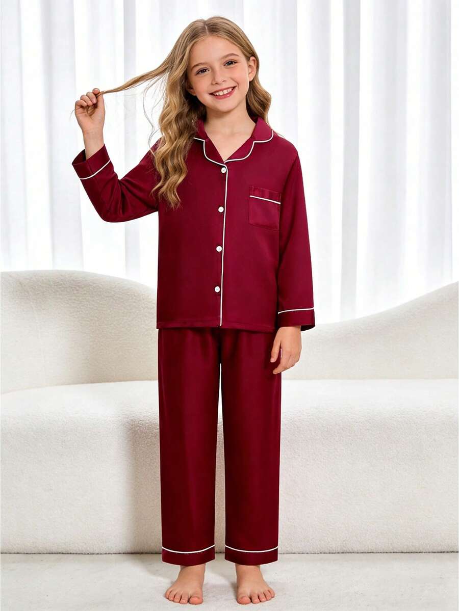 Bộ đồ ngủ dài tay và quần dài màu đỏ tía cho bé gái tuổi mới lớn