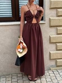 Unadoll Women's Summer Sexy Halter Deep V Ruched Cut Out Waist Back Lace Up Slit Hem Chocolate Brown Maxi Dress Elegant Vacation Party Outfit - Brown - View 9