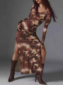 Summer Vibes Only: Women's Floral Print Long Dress With Boat Neck  Long Sleeve - Slim Fit Sheer Mesh Design For Beach Elegance - nâu đỏ - Xem 4