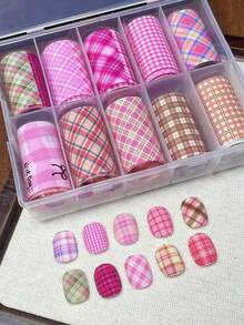 日式格子美甲印花箔，采用四季棕色条纹密胺面料设计，适合美甲沙龙DIY，轻松打造美甲造型，也可作为女士节日礼物赠送（需搭配印花胶使用） - 彩色 - 查看 19