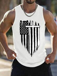 Men's Casual USA Flag Print Sleeveless Tank Top, Summer - 白色 - 查看 2