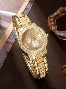 6pcs Luxury Women's Quartz Watch Set, Classic Round Dial, Paired With Delicate Bracelet, Necklace, Ring, Earrings, Perfect Gift For Girls, Valentine's Day, Birthday, Mother's Day And Casual Wear, Fashionable Jewelry (Excluding Box) - Gold - View 2