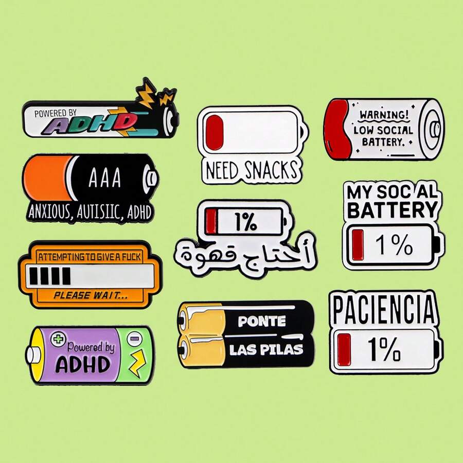 以 ADHD 电池为灵感的珐琅徽章，趣味西班牙语短语翻领徽章，松树胸针，可别在背包、衣服、珠宝上，也是送给朋友的好礼物