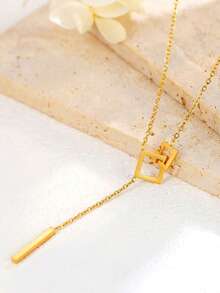 1件S925纯银长链流苏项链，女士奢华镂空方形吊坠项链，时尚独特礼物 - 方形 - 查看 4