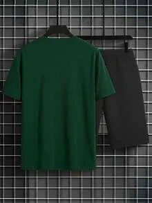 Simple Studio | 男士夏季休闲圆领短袖T恤和抽绳腰短裤套装 - 墨綠色 - 查看 3