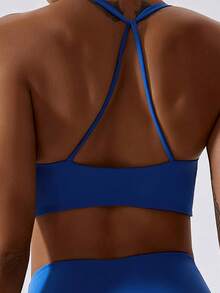 ATTRACO Áo ngực thể thao nữ màu trơn, kiểu dáng xoắn nhún, thoải mái, đa năng, thích hợp mặc hàng ngày, mùa xuân. - Màu xanh lam - Xem 2