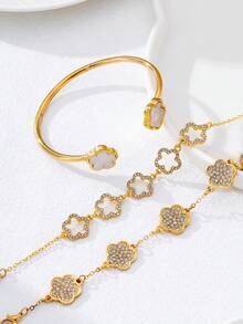 Bộ 1 vòng tay thời trang mới, đa năng, tối giản, thanh lịch, sang trọng, lấp lánh họa tiết hoa dành cho nữ, phù hợp để đeo hàng ngày, dự đám cưới, lễ đính hôn. - Vàng - Xem 5