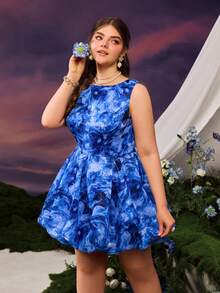 Faeriesty 优雅印花无袖派对连衣裙 - 藍色 - 查看 4