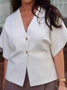 DEEKA Summer Graduation Casual Simple V-Neck Short Sleeve Knitted Sport TOP, European And American Style - White - View 3