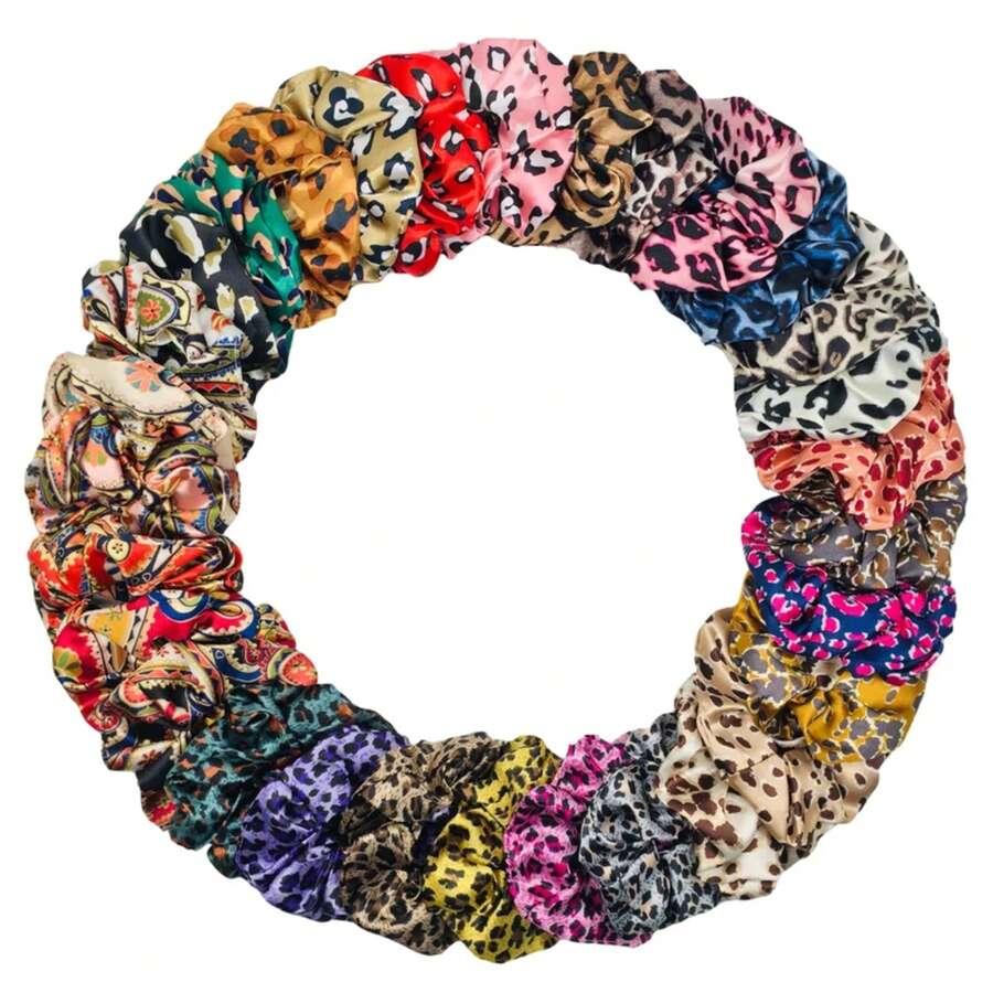 6 unids/lote Scrunchies de satén accesorios de moda para mujer estampado Ditsy Floral banda elástica para el cabello Cola de Caballo titular corbata de goma leopardo lindo AWAY - PJ319-03 - Ver 1
