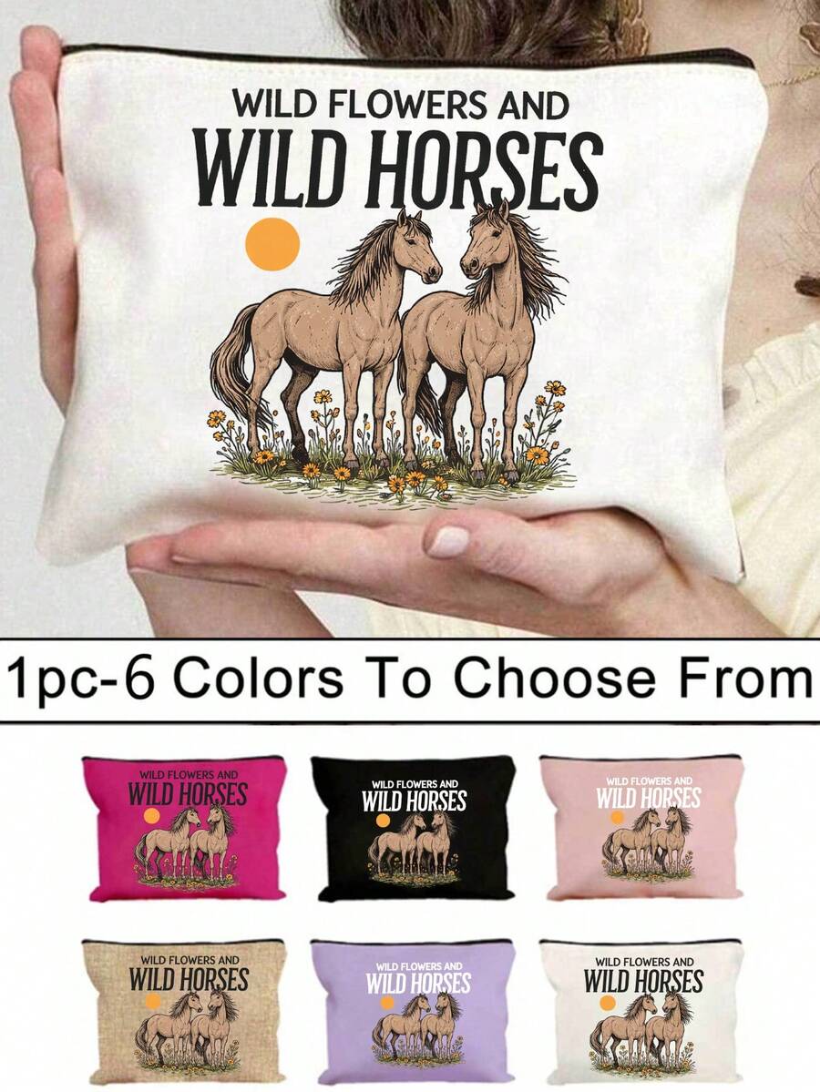 Wild Flowers And Wild Horses Pattern Makeup Bag, Cartoon Fun Multi Functional Canvas Bag, Charger Storage Bag,Travel Essential Makeup Bag: Girls' Travel Survival Bag, Men's And Women's Zipper Bag, Cosmetics, Makeup And Travel Essential Lightweight Reception Bag, Perfect Gift For Teenagers, Birthday And Travel Accessories,Holiday Gifts - Multicolor - View 1