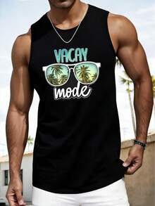 Men's Summer Letter & Palm Tree Printed Round Neck Casual Tank Top - 黑色 - 查看 2